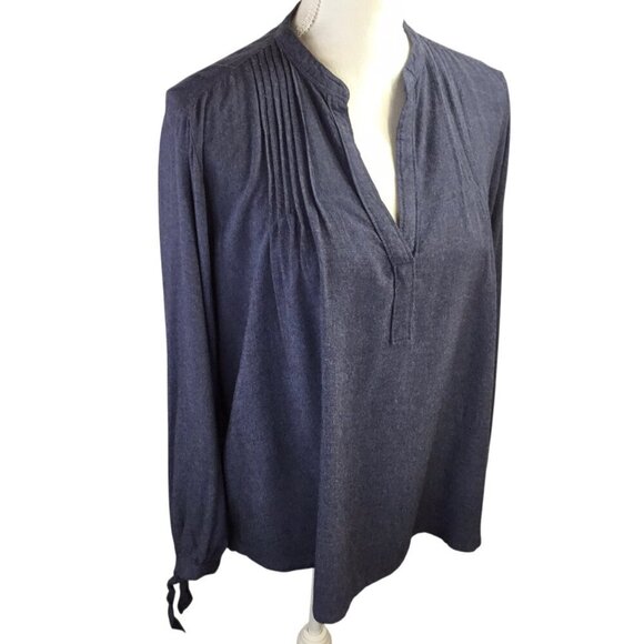 Lucky Brand Pin Tuck Blue Top Size Large Relaxed Breezy Rayon Tie Sleeve Rayon - Picture 2 of 7